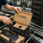 Close Up Of A Custom Printed Corrugated Package Box With Interior Insert On A Factory Line