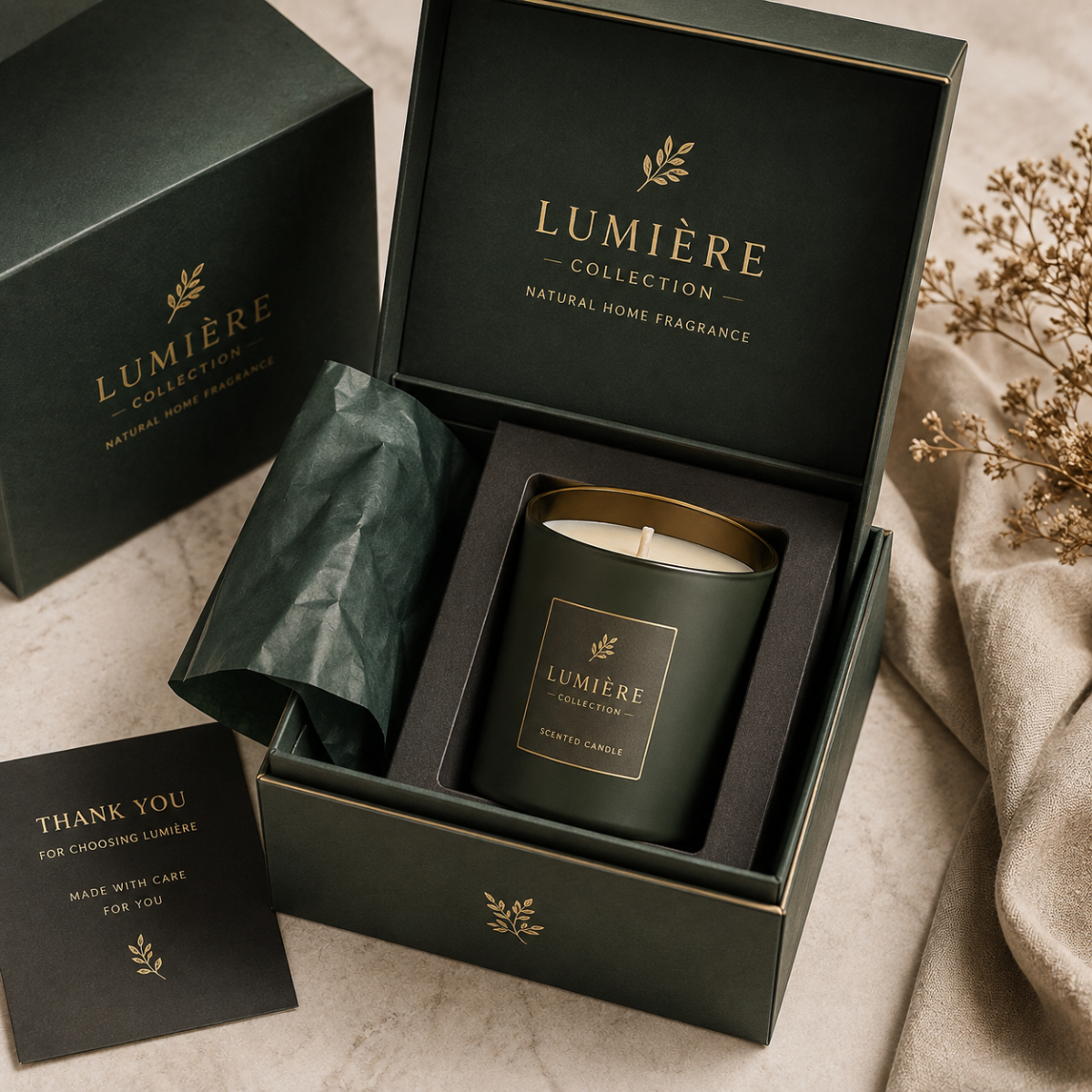 Styled Rigid Gift Box For A Candle Featuring Gold Foil Stamping And Custom Insert