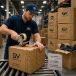 Warehouse Worker Sealing A Branded Corrugated Shipping Box On A Packing Line