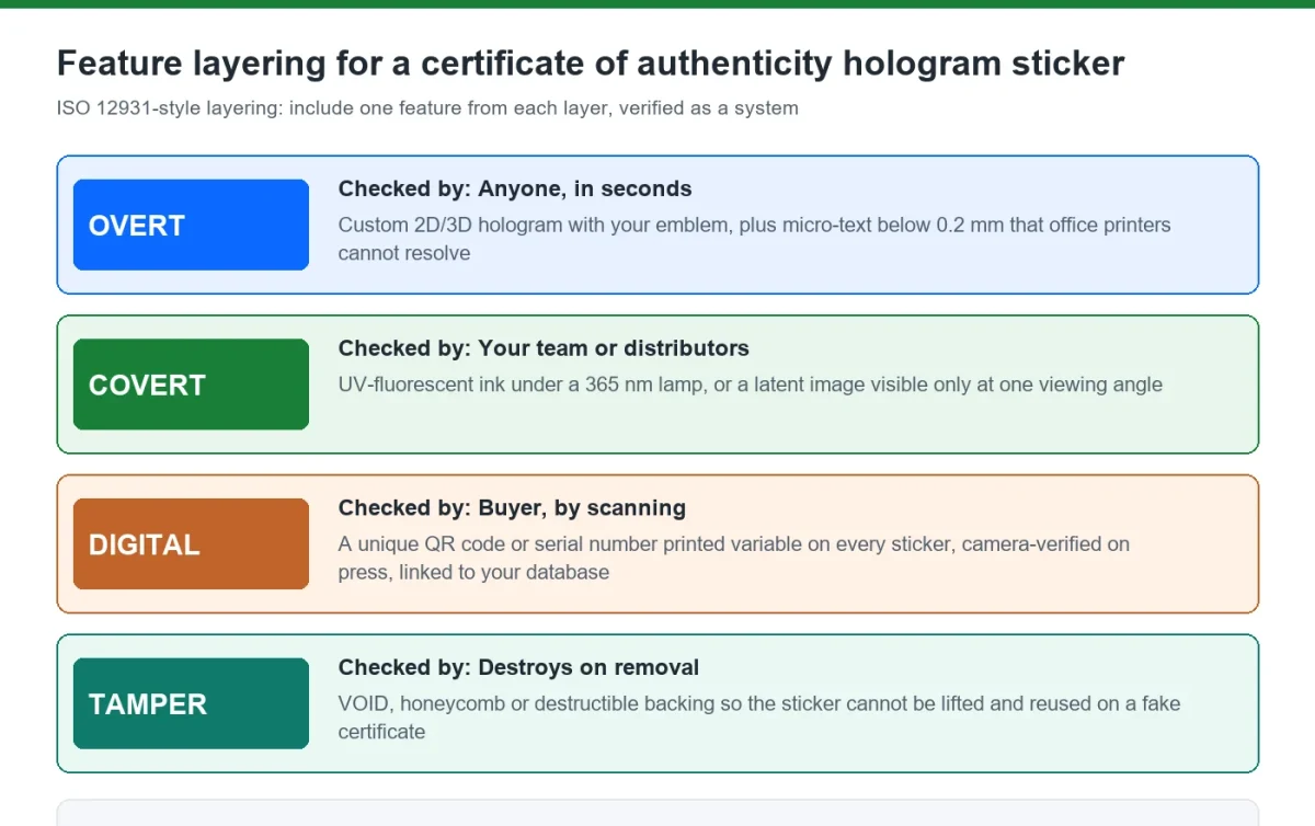 Certificate of authenticity hologram sticker feature layers: overt hologram, covert UV ink, digital QR code and tamper-evident backing