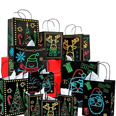 Custom Christmas gift paper bags wholesale with neon festive prints for seasonal retail