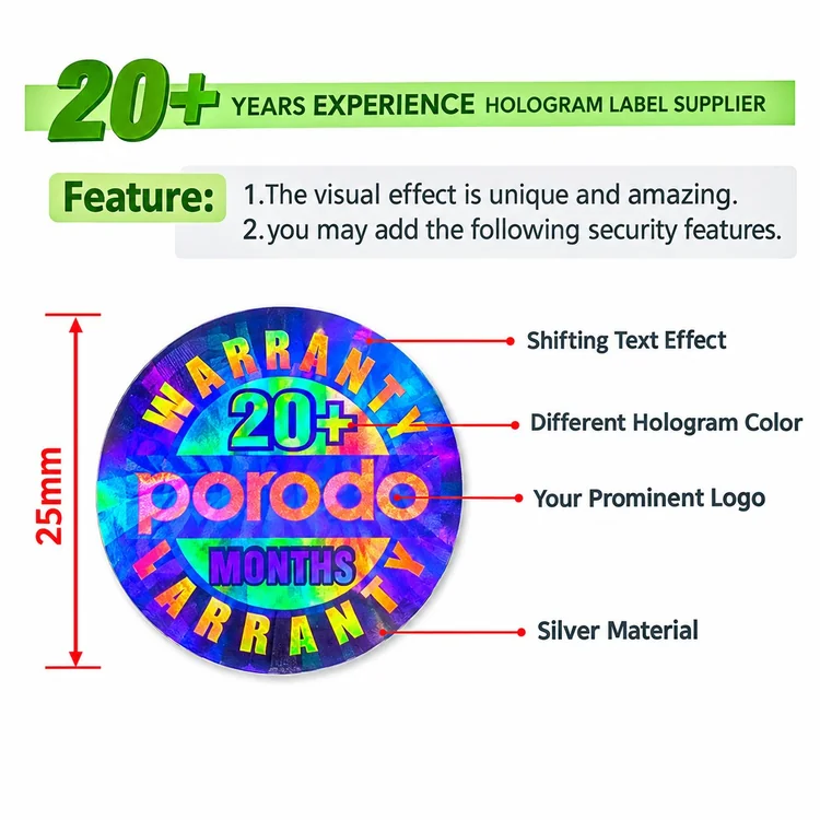 Custom hologram sticker sample: 25mm round warranty label with shifting text, multicolor hologram, custom logo and silver base - showing the security features buyers can specify