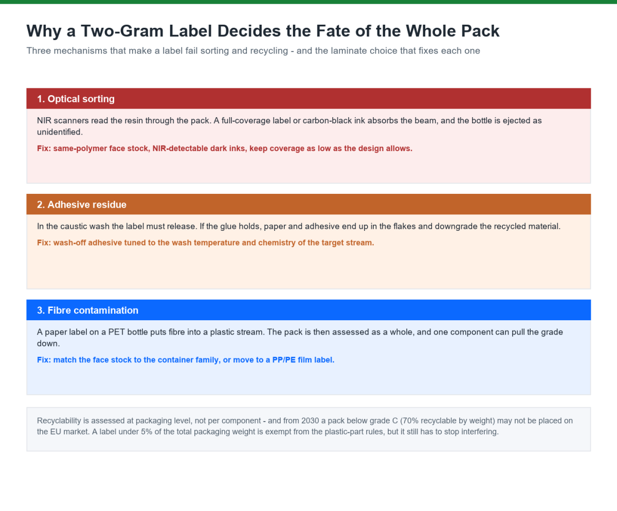 Three ways a label can fail packaging recycling under the PPWR: blocked NIR optical sorting, adhesive residue in the wash, and fibre contamination from a paper label on plastic