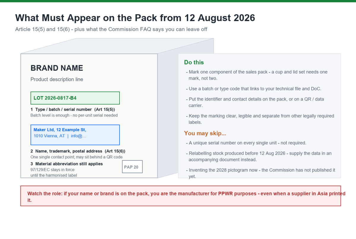 What must appear on packaging from 12 August 2026 under PPWR Article 15: type batch or serial identifier, manufacturer name trademark and postal address, and material abbreviation marking