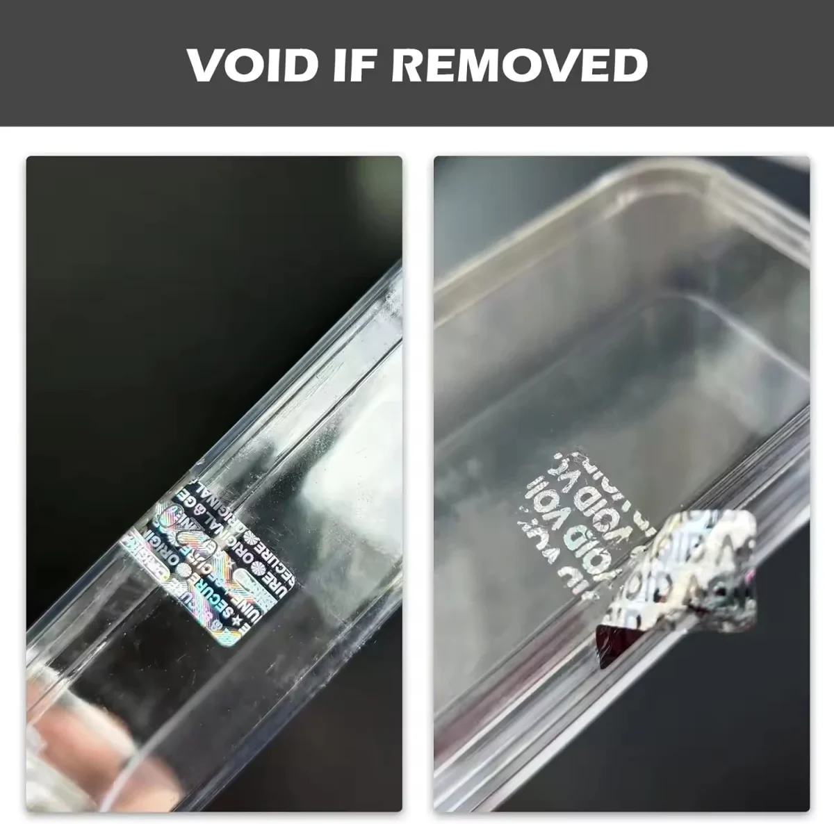 Tamper-evident VOID label on a curved electronics case showing why 2D barcode quiet zones must avoid seams and edges