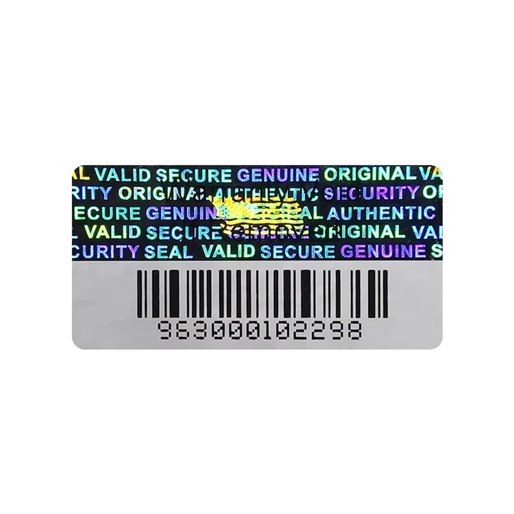 Hologram anti-counterfeit label sample with barcode for brand protection