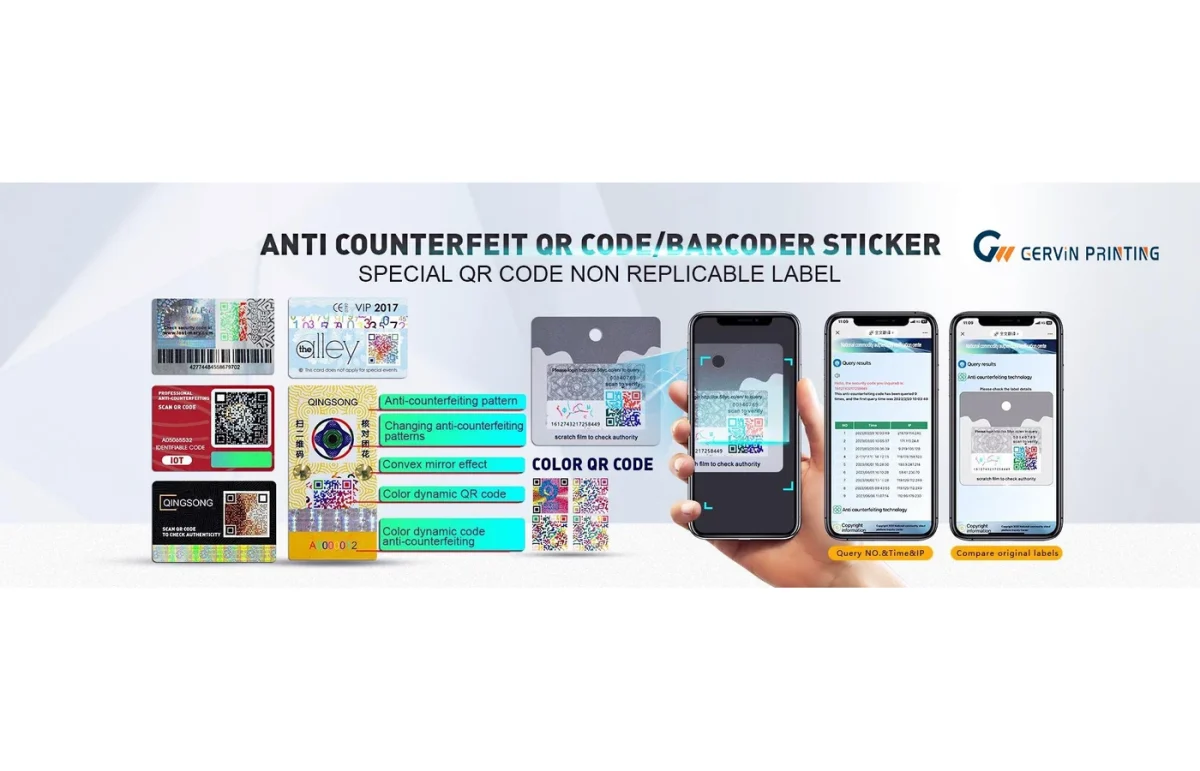 Anti-counterfeit QR code and barcode label showcase with mobile verification for digital product passport