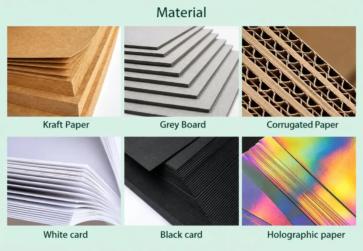 Custom box material options: kraft paper, greyboard, corrugated board, white card, black card and holographic paper