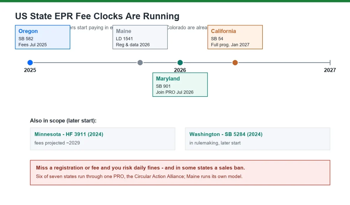 US state EPR packaging requirements fee timeline from 2025 to 2030 for Oregon Colorado California Maine Maryland Minnesota and Washington