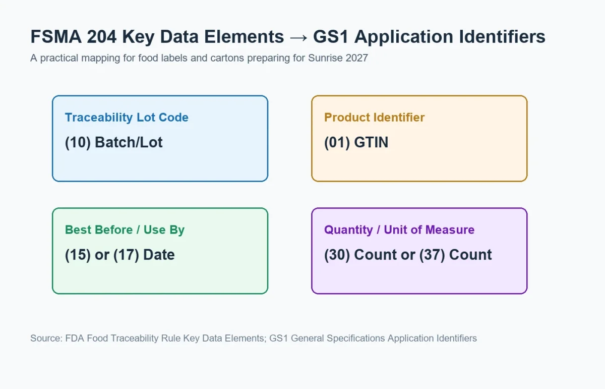 2D barcodes for food and pharmaceutical packaging FSMA 204 KDE to GS1 Application Identifier mapping