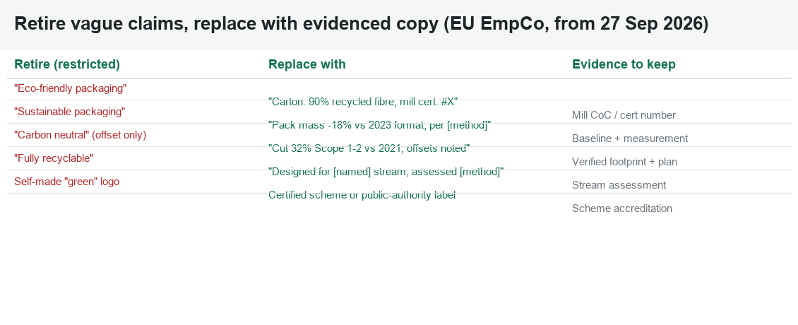 Retire vague green claims and replace with precise, evidenced packaging claims under EU EmpCo rules