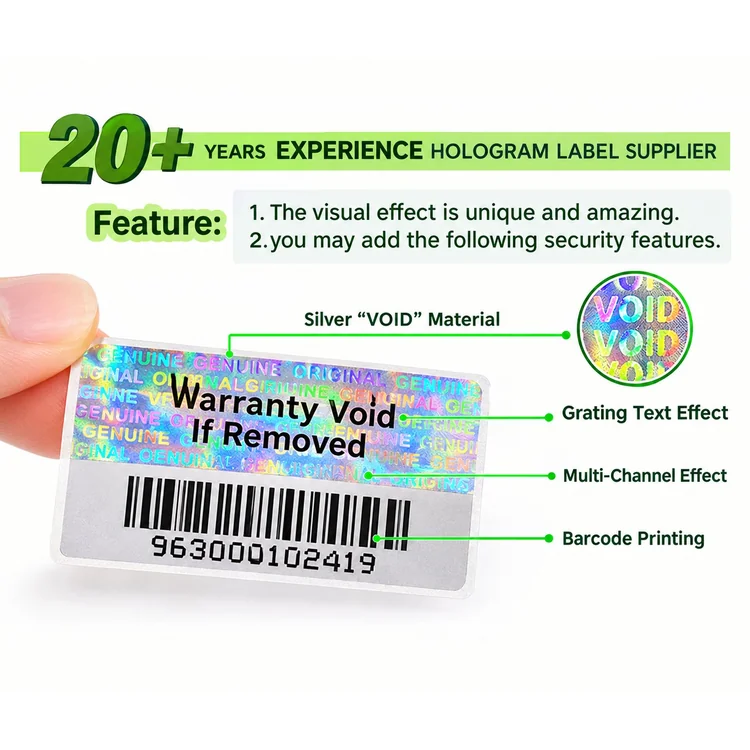 Hologram security label with silver VOID tamper evident material barcode and grating text effect for product authentication
