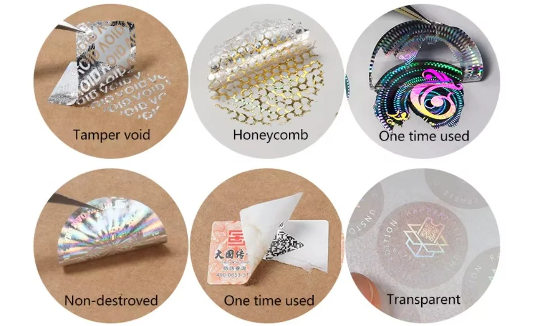 Tamper-evident constructions used with holographic foil labels Holographic foil security labels: tamper-evident VOID, honeycomb and destructible constructions