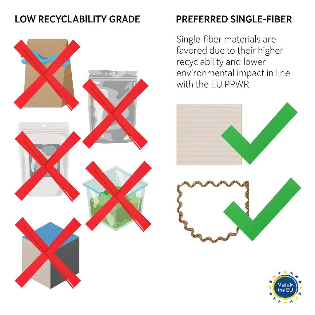 Infographic of packaging materials that lower PPWR recyclability grade versus preferred single-fiber paperboard