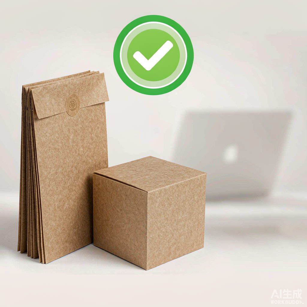 PFAS-free kraft paper bags and paper box with green compliance checkmark for EU food-contact packaging