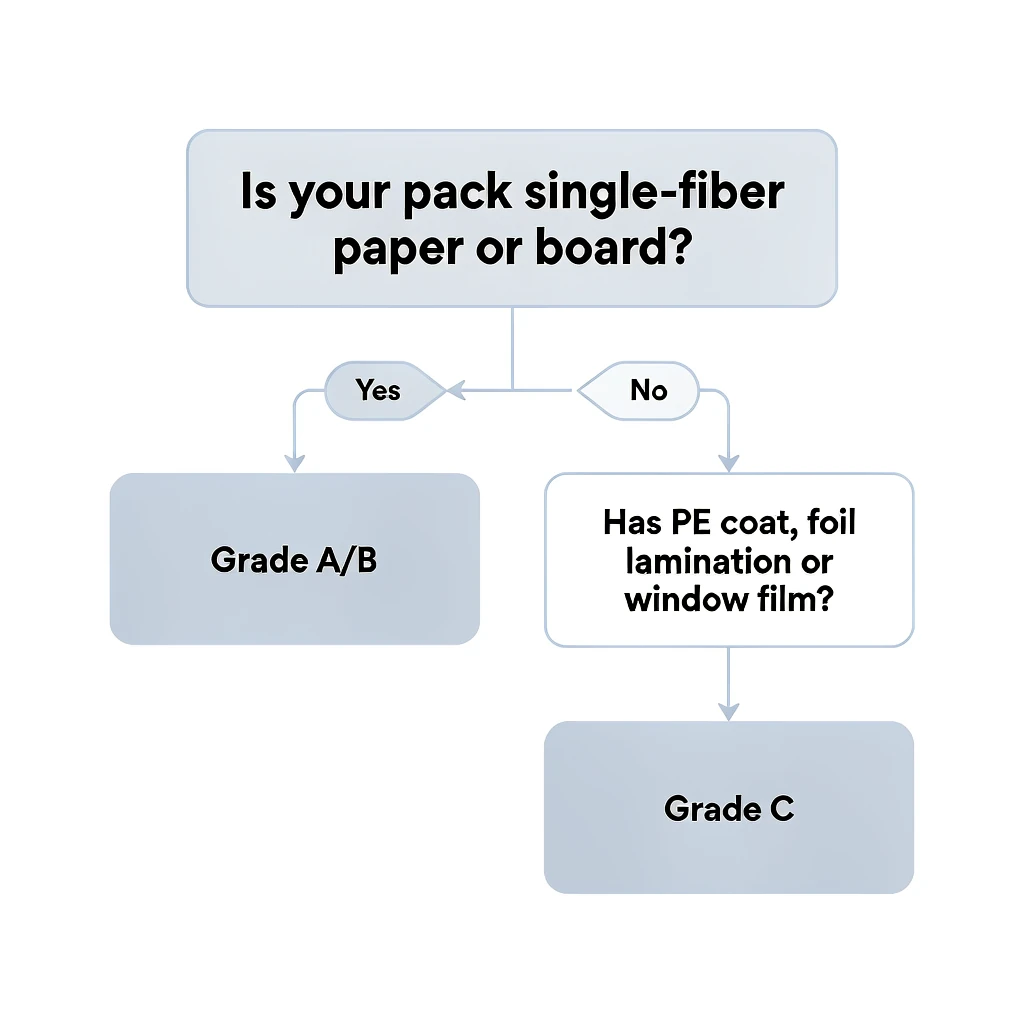 Decision flowchart for choosing PPWR recyclability grade A B or C