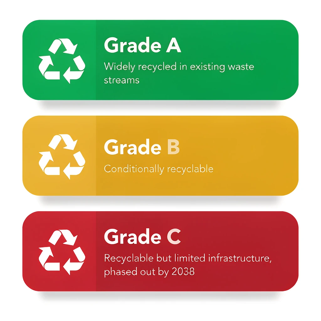 Infographic comparing EU PPWR packaging recyclability grades A, B and C from 2026 to 2038