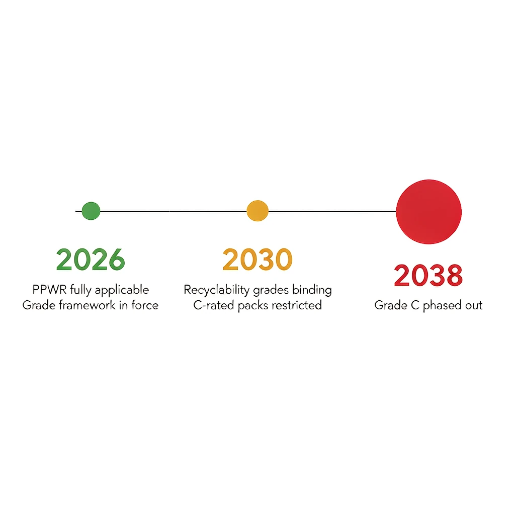 Timeline of PPWR recyclability grades milestones 2026 2030 and 2038