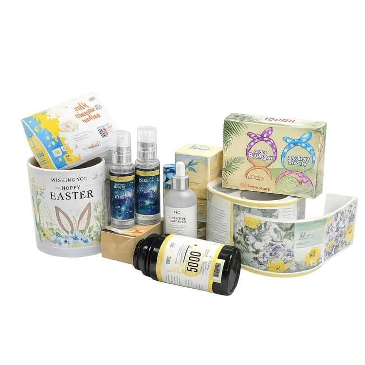 Gervin factory-printed paper cosmetic boxes, custom labels and security stickers shown on a white background