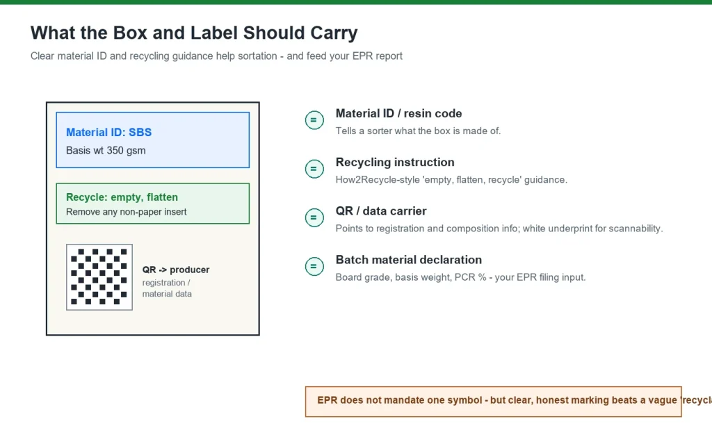 Recycling mark and material ID printed on a custom box for EPR packaging requirements compliance