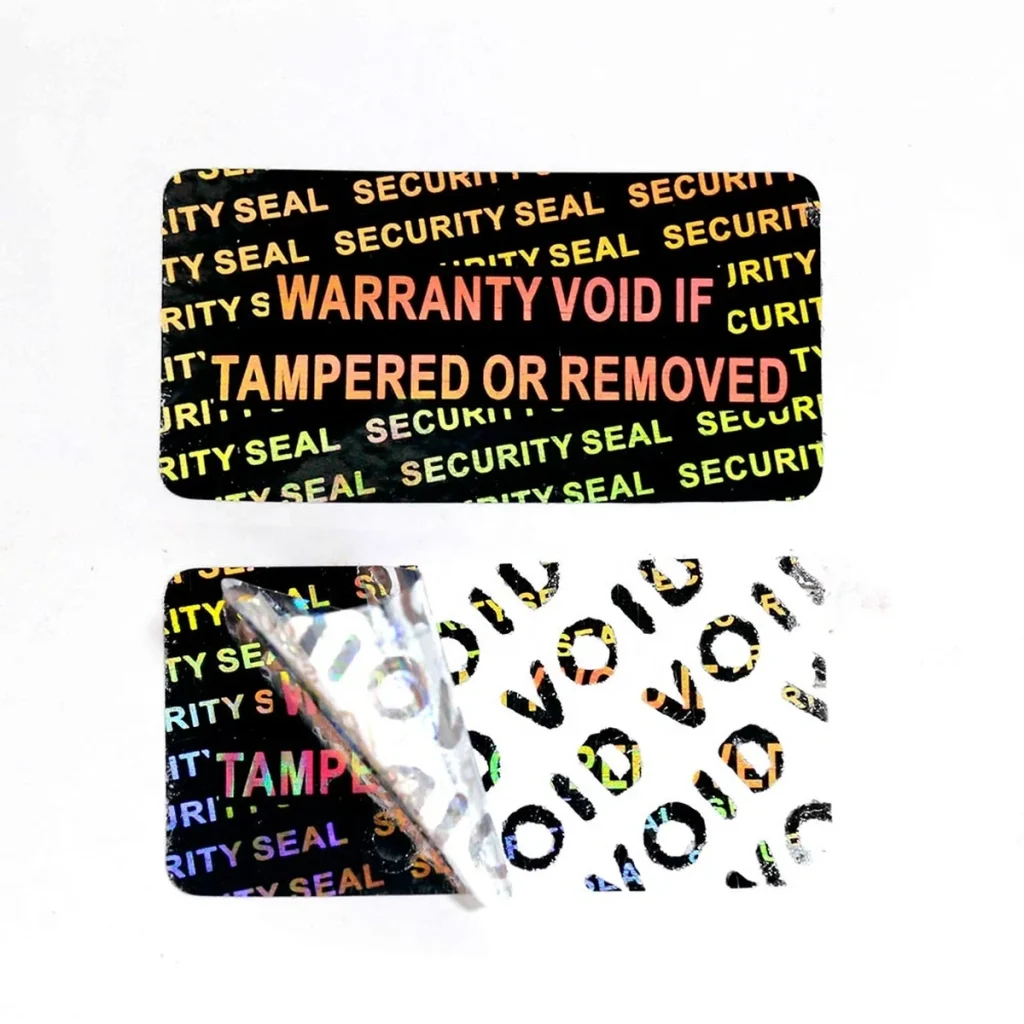 Sequential numbered hologram VOID security seal with WARRANTY VOID IF TAMPERED text