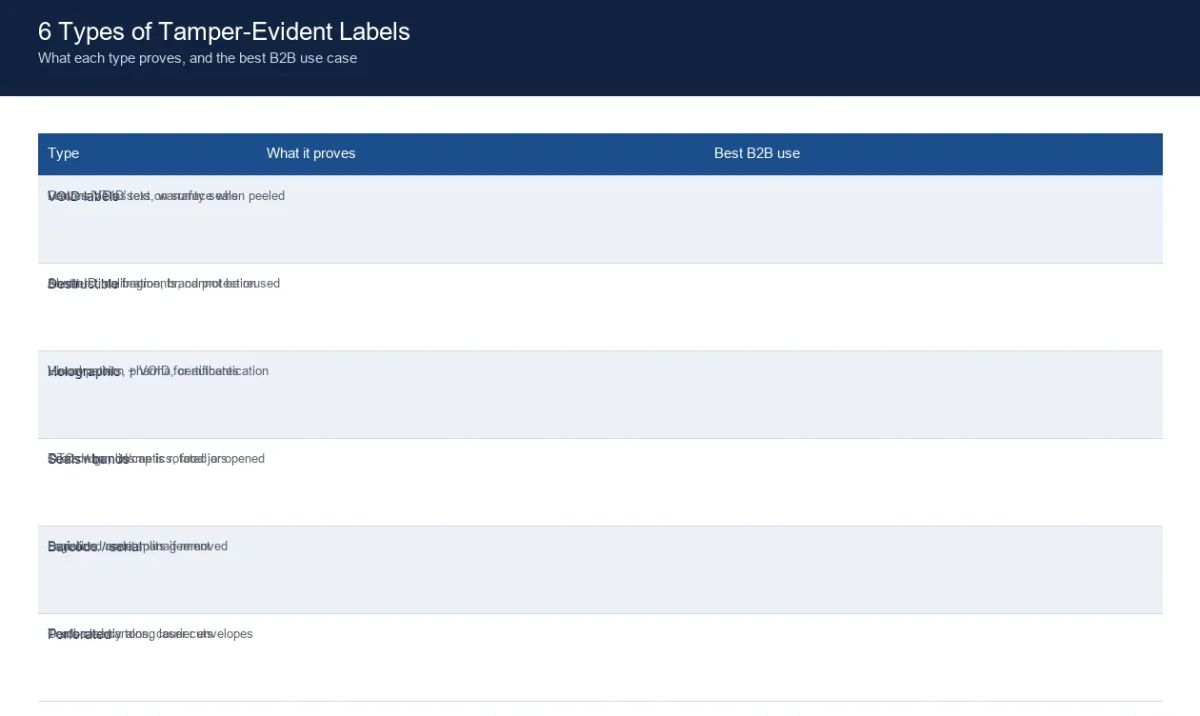 Comparison of six tamper-evident label types: VOID, destructible, holographic, seals, barcode-serialized and perforated, with the evidence each provides and best B2B use case