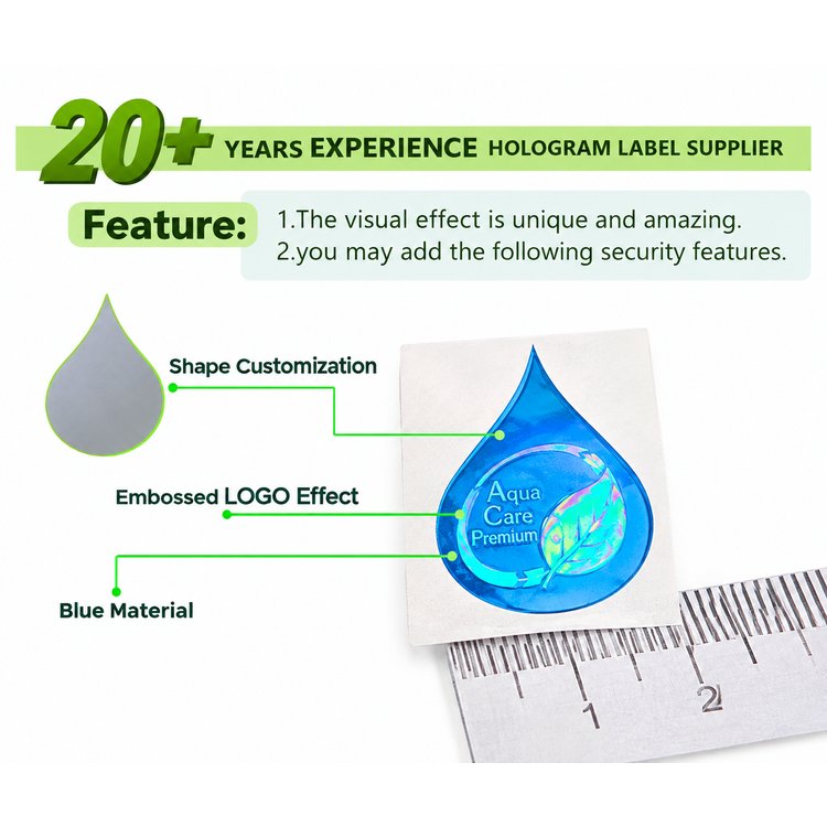 Tamper-evident label features - shape customization, embossed logo, blue material