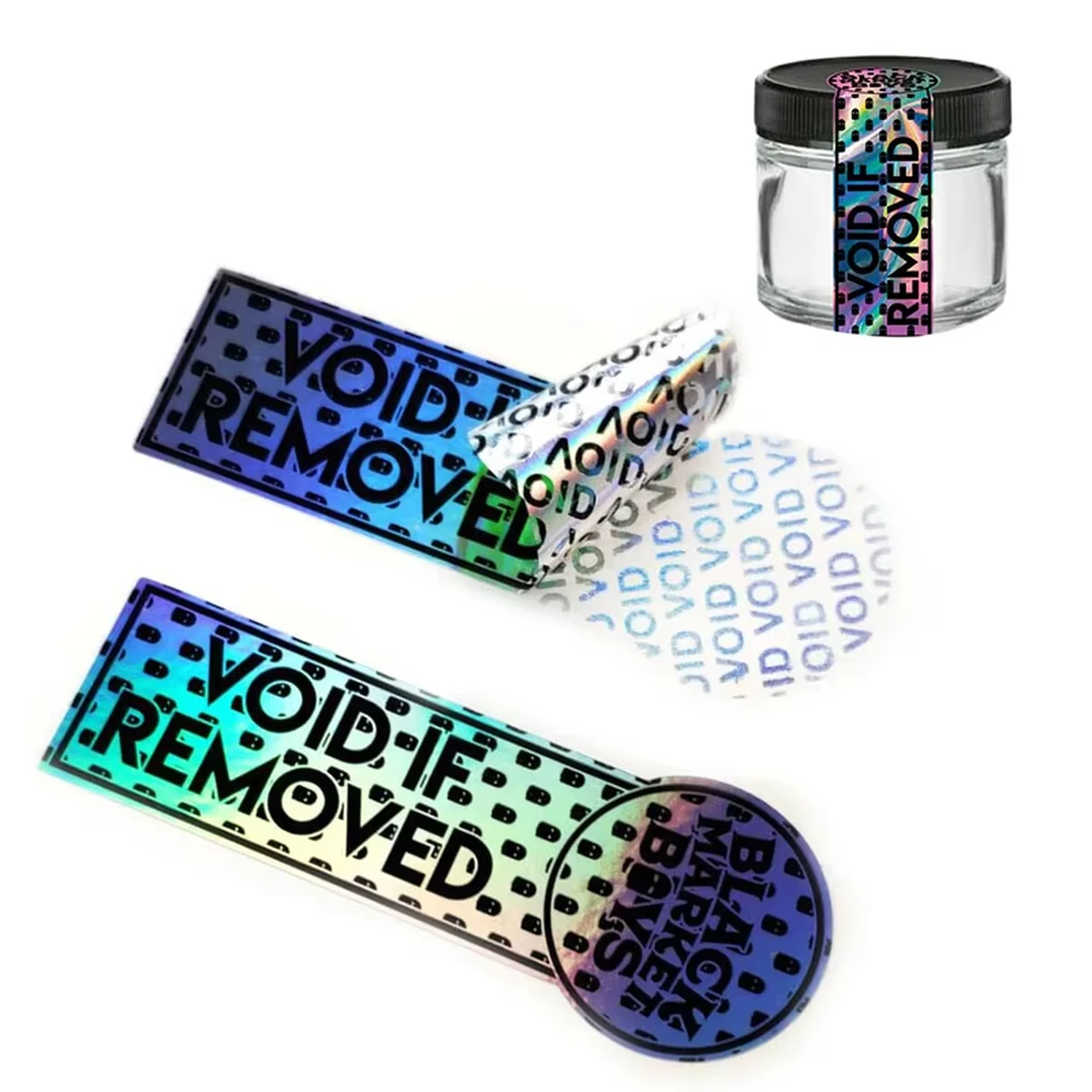 VOID holographic security seals on a glass jar and removed showing VOID residue
