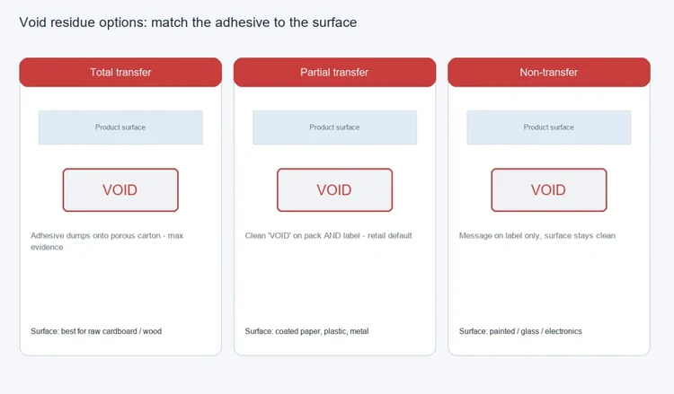 VOID residue transfer options for anti-counterfeit labels by surface type