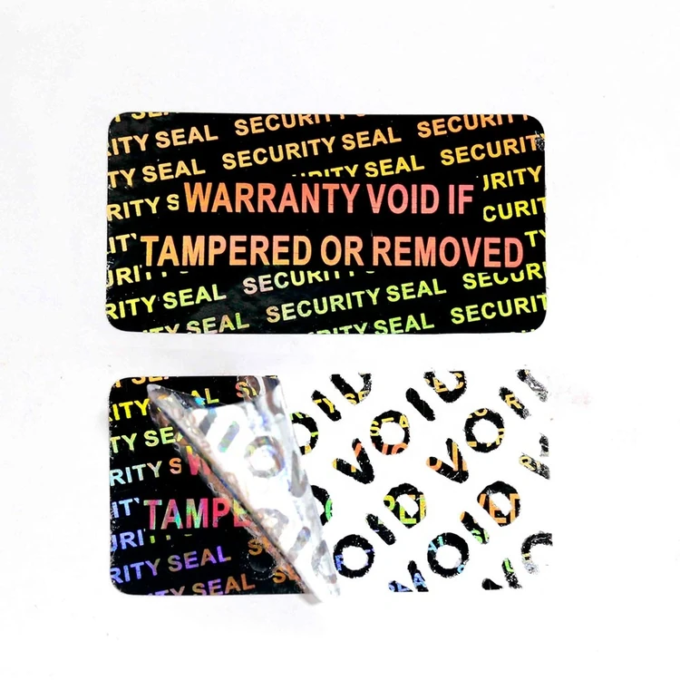 Peeling a VOID tamper-evident security seal reveals a repeated VOID pattern, used for warranty and pharma packaging